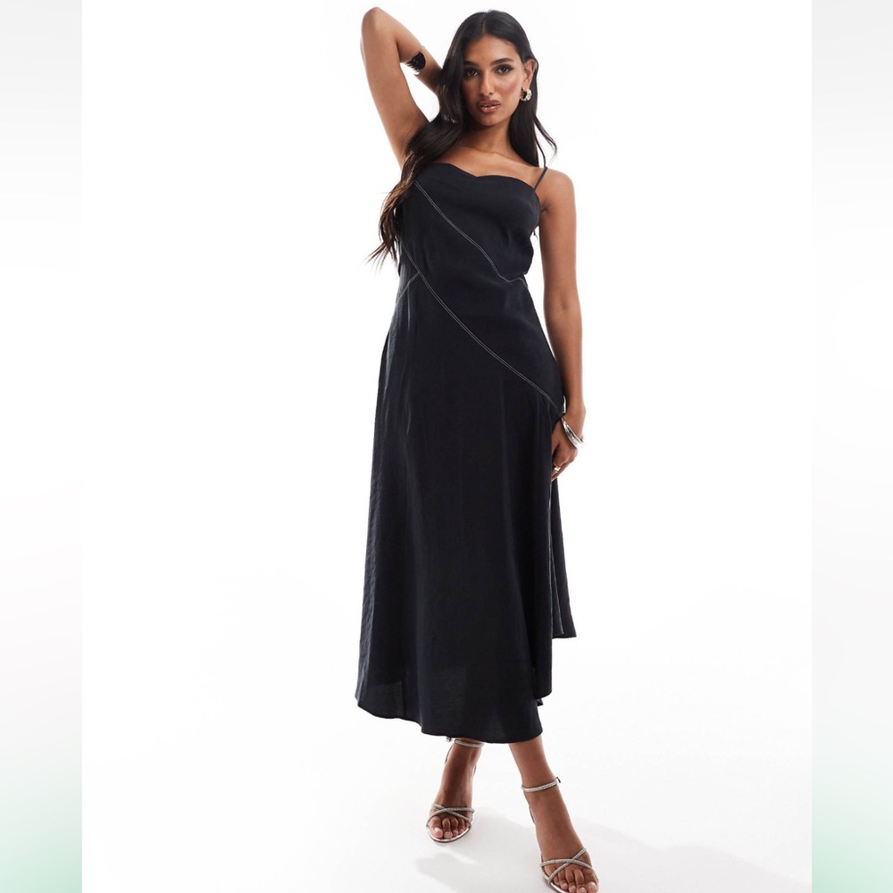 Full skirt slip dress in black with contrast stitch